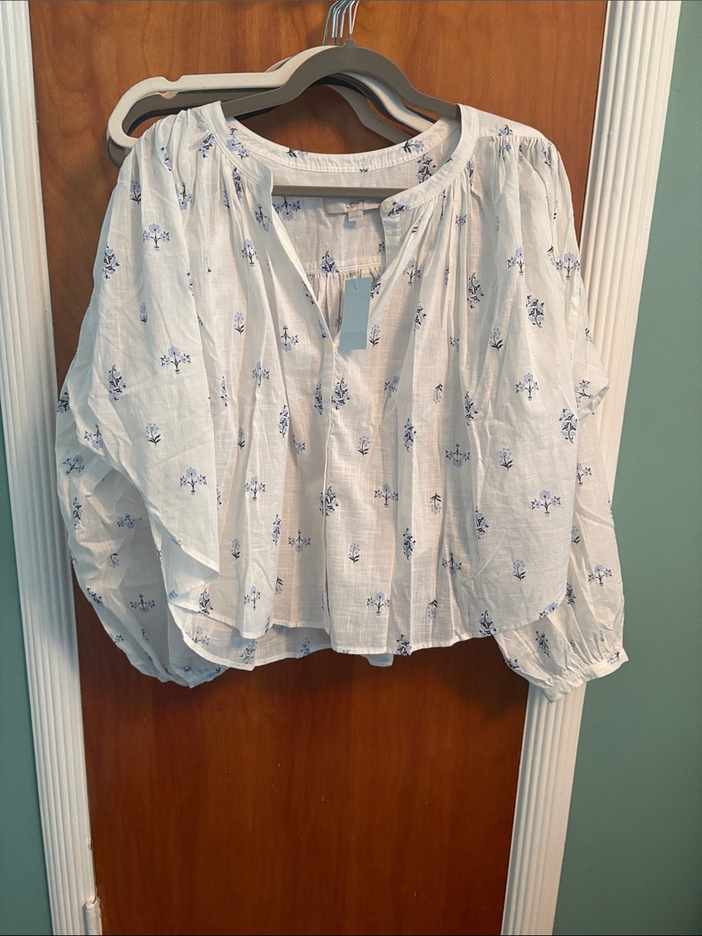 LOFT White Peasant Blouse with Blue Floral Motif